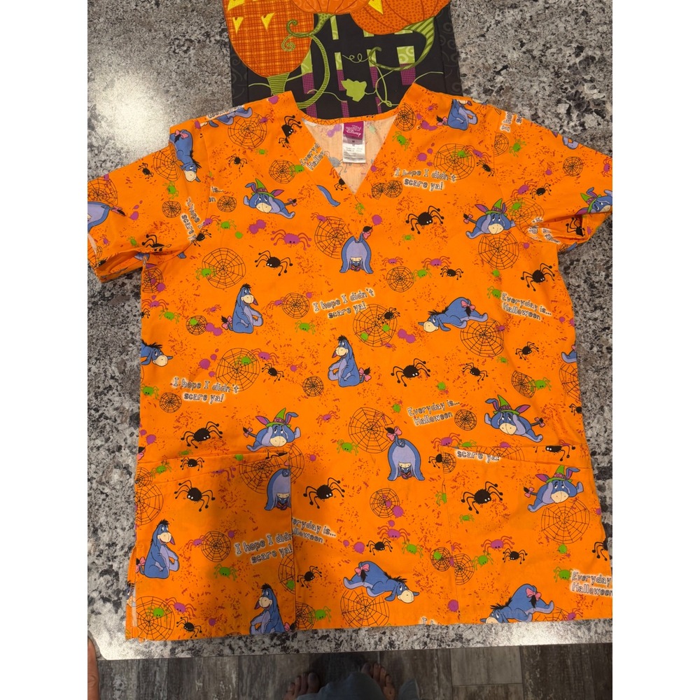 Disney Eeyore Halloween Scrub Top Orange V-Neck Winnie the Pooh Spiders Medium